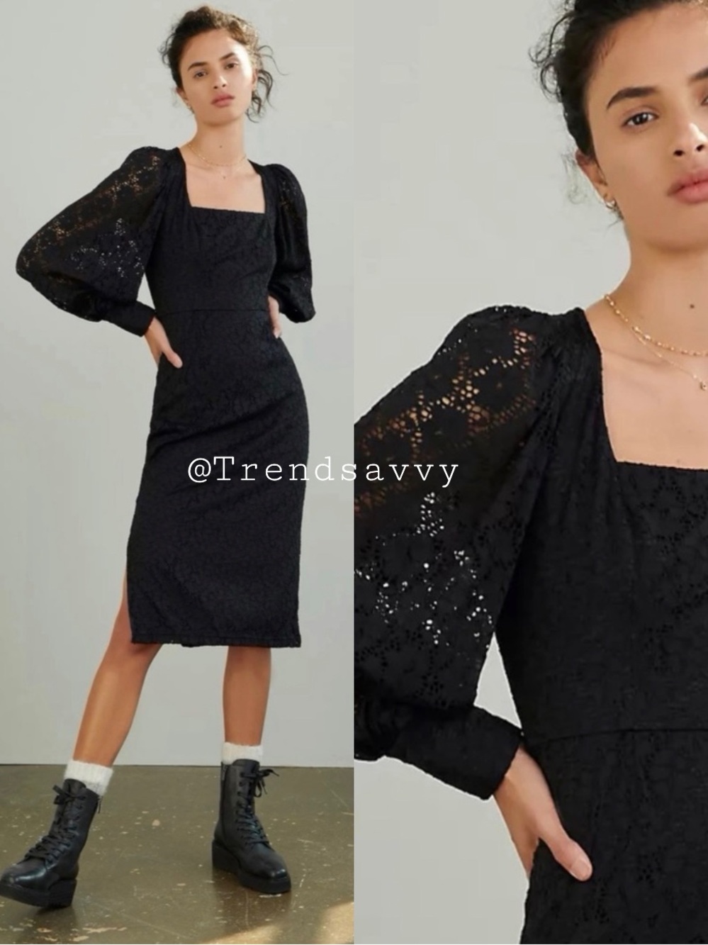 Anthropologie Black Lace Midi Dress XS Puff Sleeve Fitted Party Wedding NWT